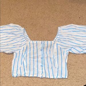 Cropped Blue and White Striped Puff Sleeve Top